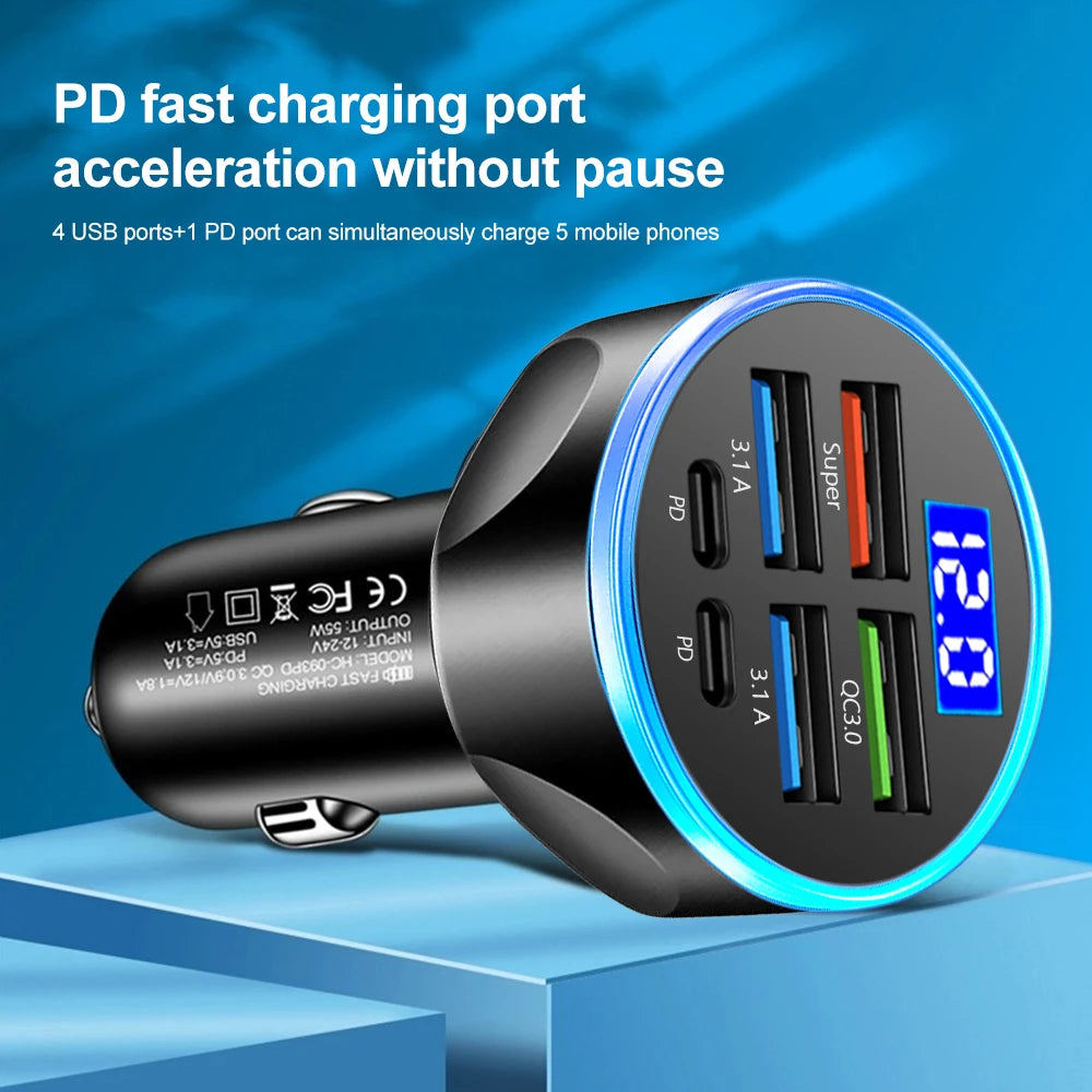 2-6 Ports Car Charger Fast Charging PD QC3.0 USB C Car Phone Charger Type C Adapter in Car For iPhone Samsung Huawei Xiaomi