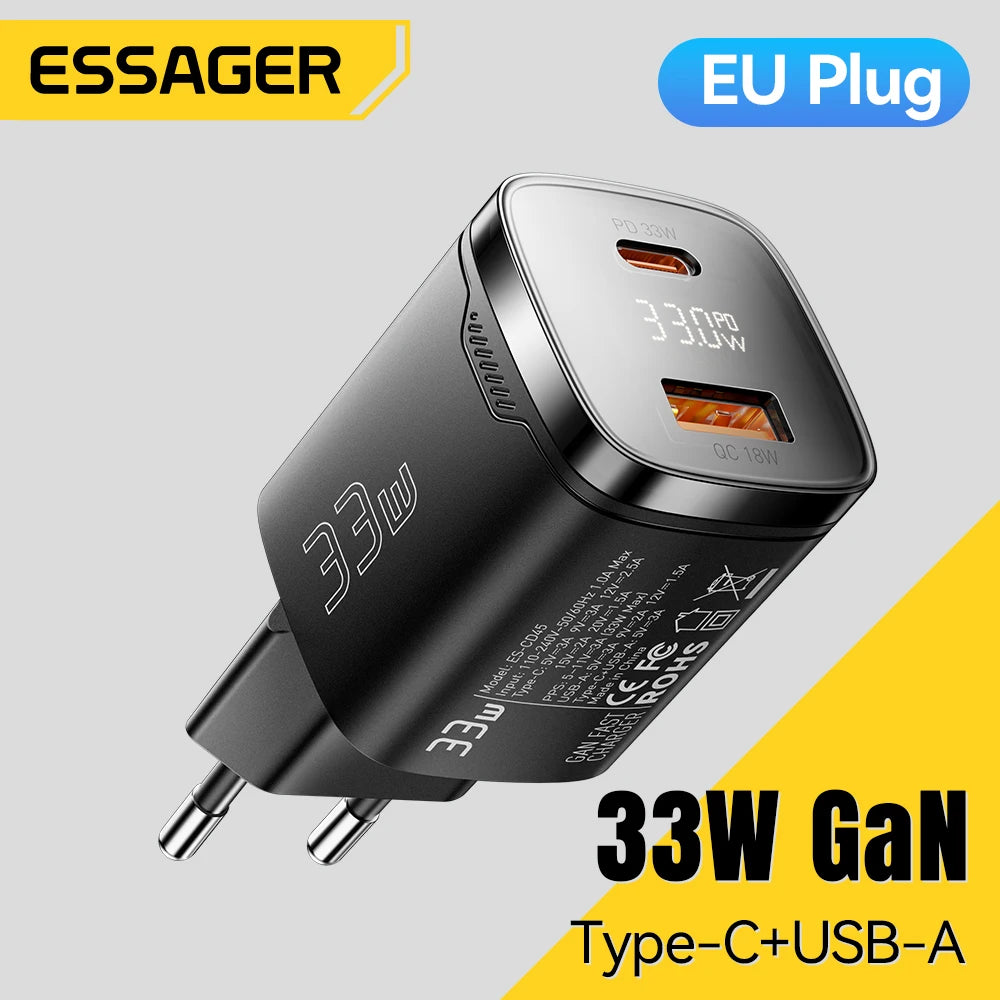 Essager 33W GaN Charger USB Fast Charge PD3.0 Digital Display USB Type-C Charger For iPhone Xiaomi Samsung Huawei Phone Charger