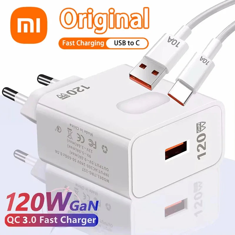 Xiaomi 120W GaN USB Charger Fast Charging QC3.0 USB Type C Cable Mobile Phone Charger Adapter For iPhone Huawei Samsung Charger