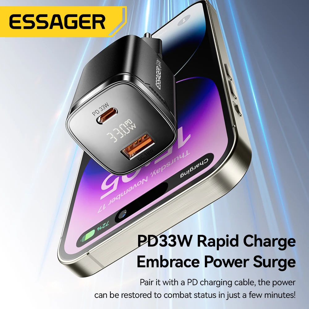 Essager 33W GaN Charger USB Fast Charge PD3.0 Digital Display USB Type-C Charger For iPhone Xiaomi Samsung Huawei Phone Charger